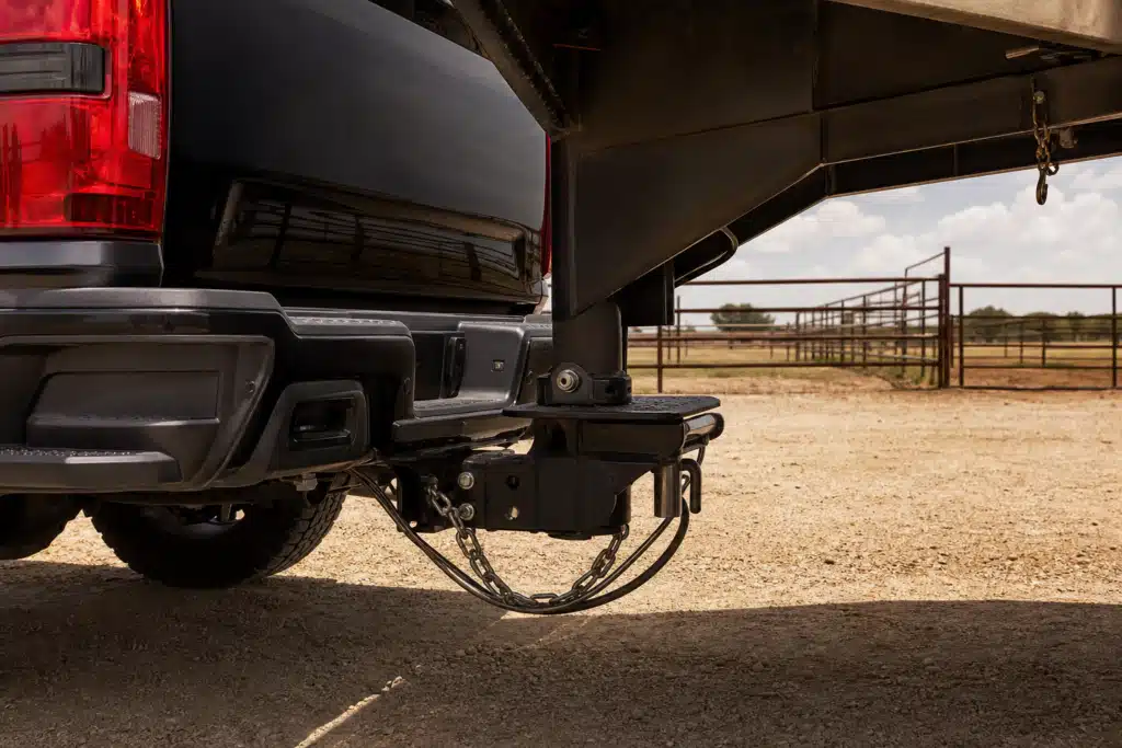 Heavy-duty truck towing hitch and gooseneck connection showcasing the best trucks for towing setup at a Texas ranch from Cars and Pickups