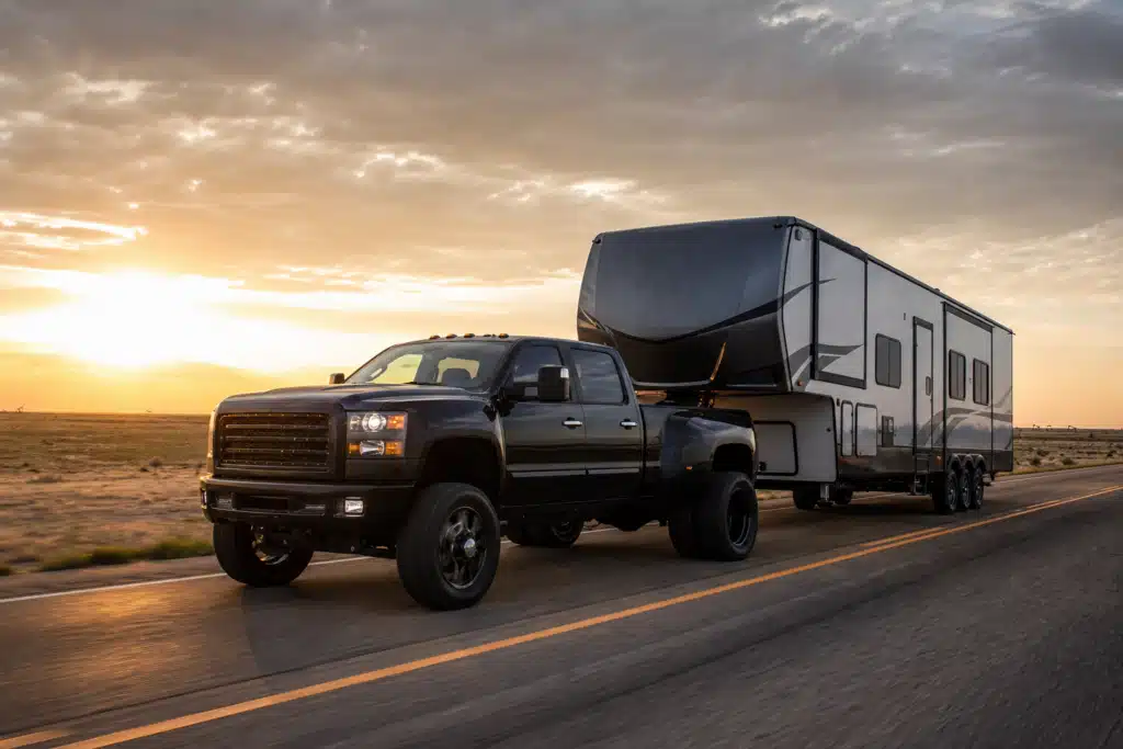 One of the best trucks for towing pulling a fifth-wheel trailer on a Texas highway at golden hour from Cars and Pickups