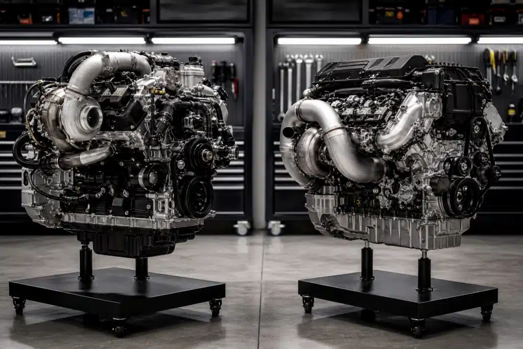 Two diesel engines side by side comparing power stroke vs cummins in a professional garage setting at Cars and Pickups