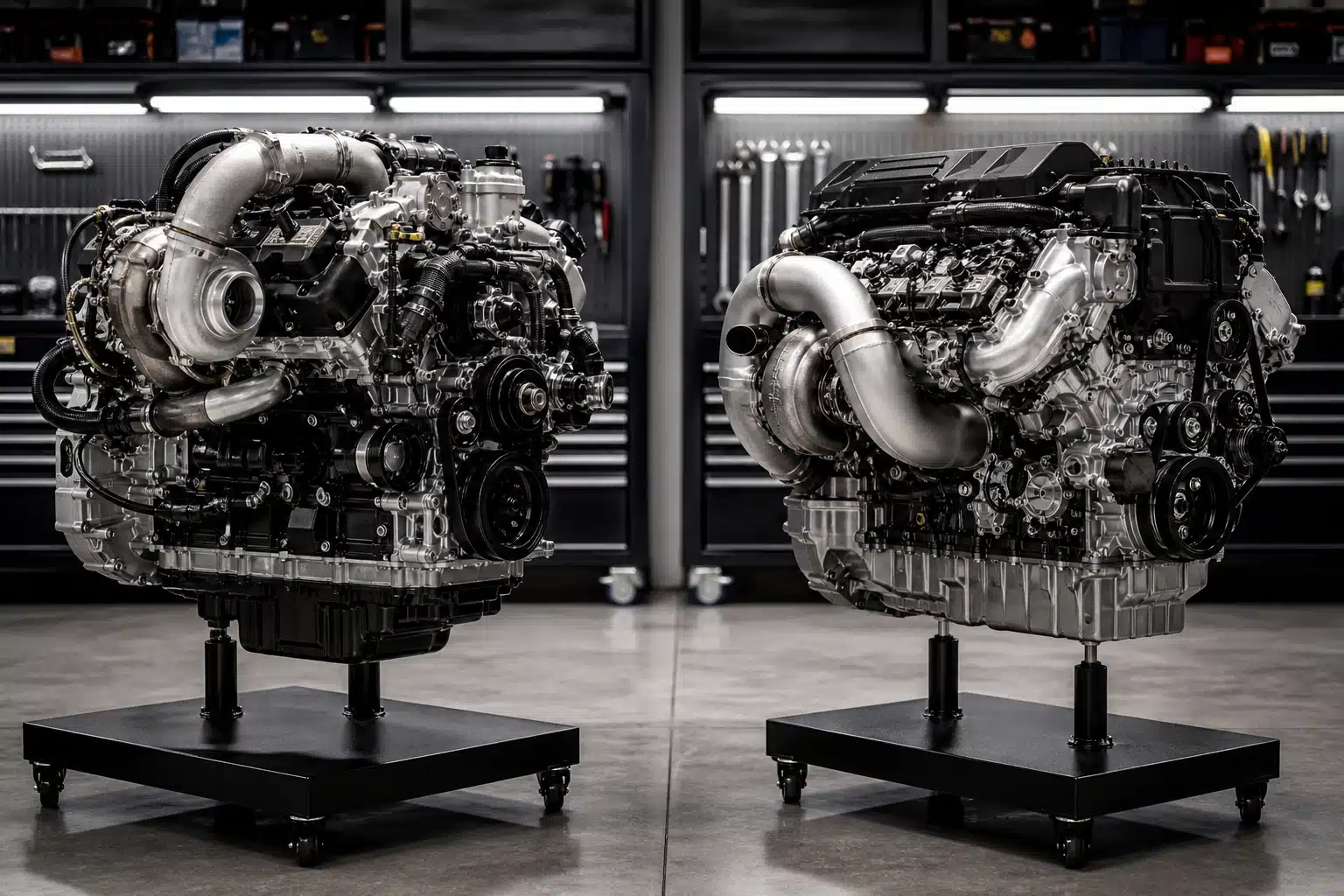 Two diesel engines side by side comparing power stroke vs cummins in a professional garage setting at Cars and Pickups