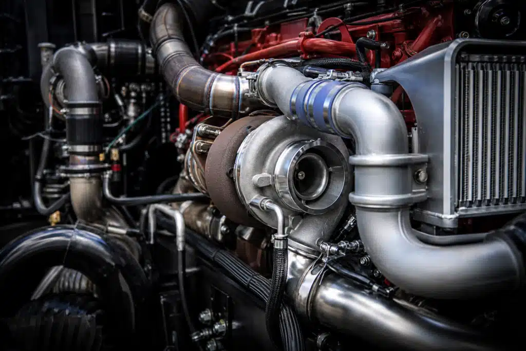 Close-up of a diesel truck engine bay highlighting the turbocharger and components in a power stroke vs cummins comparison for Cars and Pickups