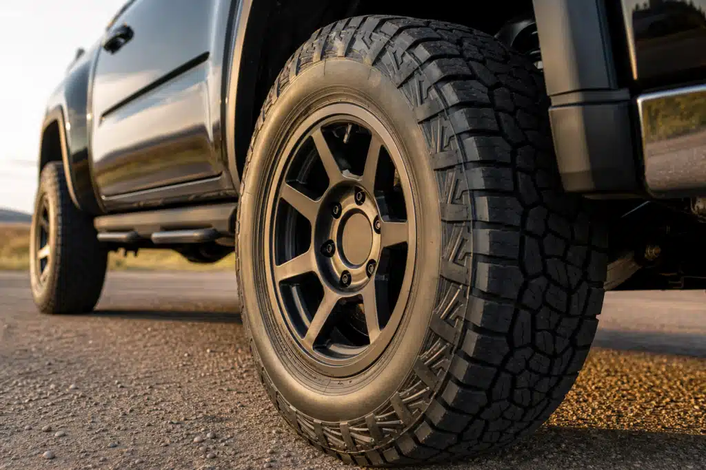 Close-up of an all-terrain tire and alloy wheel on a heavy duty pickup truck