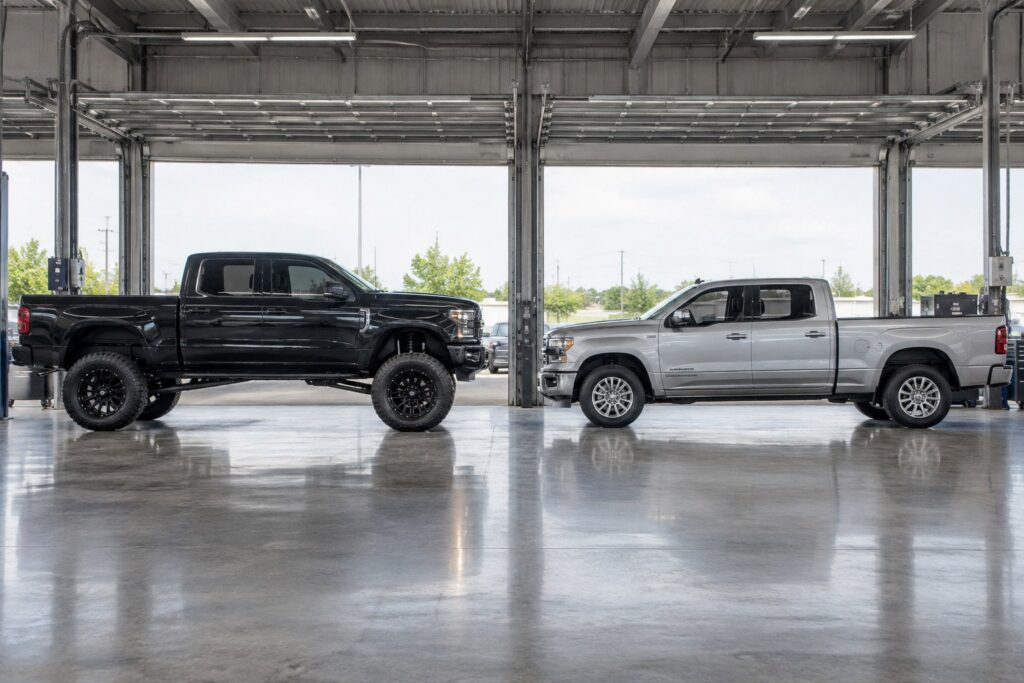 A lifted black heavy duty pickup next to a stock-height silver pickup in a truck service bay